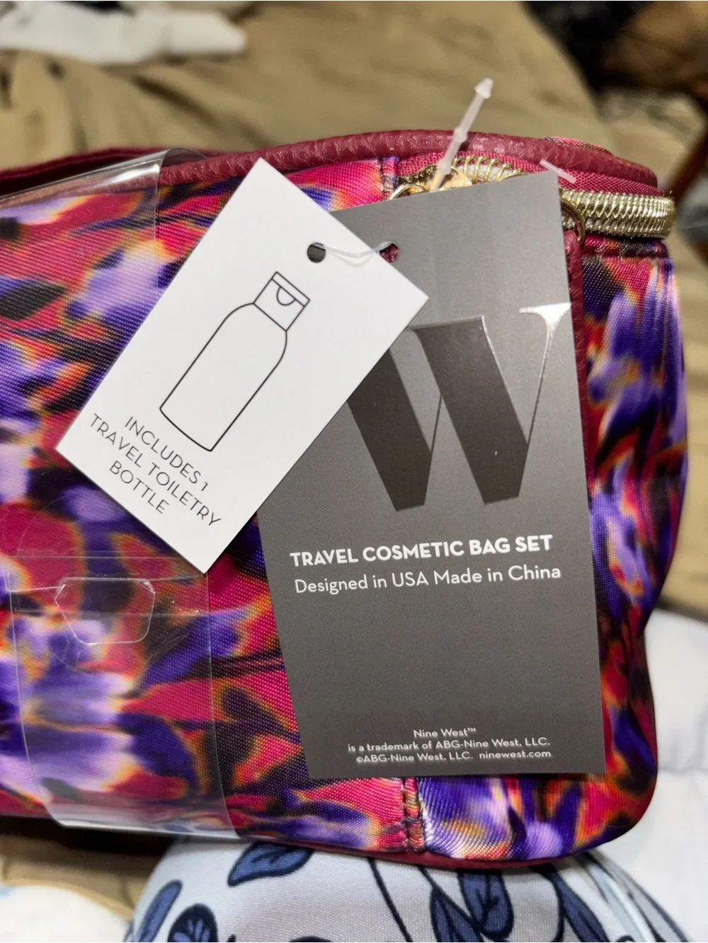 Nine West Travel Cosmetic Bag Set Floral Burgundy Toiletry Case NWT